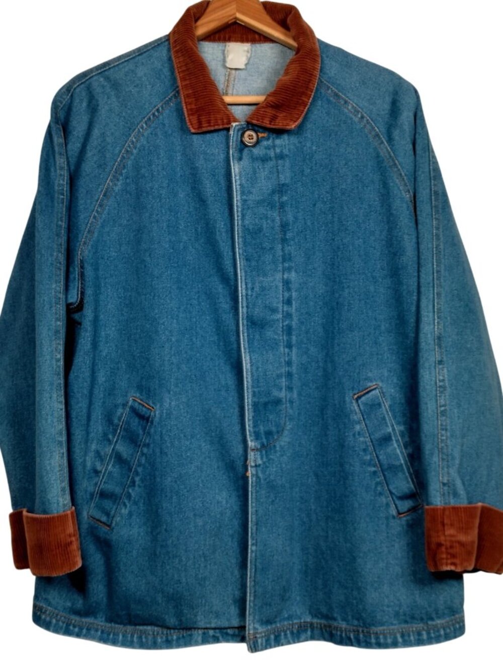 Vintage Denim Jean Jacket Barn Coat Women L XL Brown Corduroy Collar - Picture 1 of 16